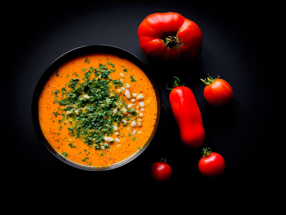 Tomato soup with white beans and 4 heirloum greenhouse tomatoes